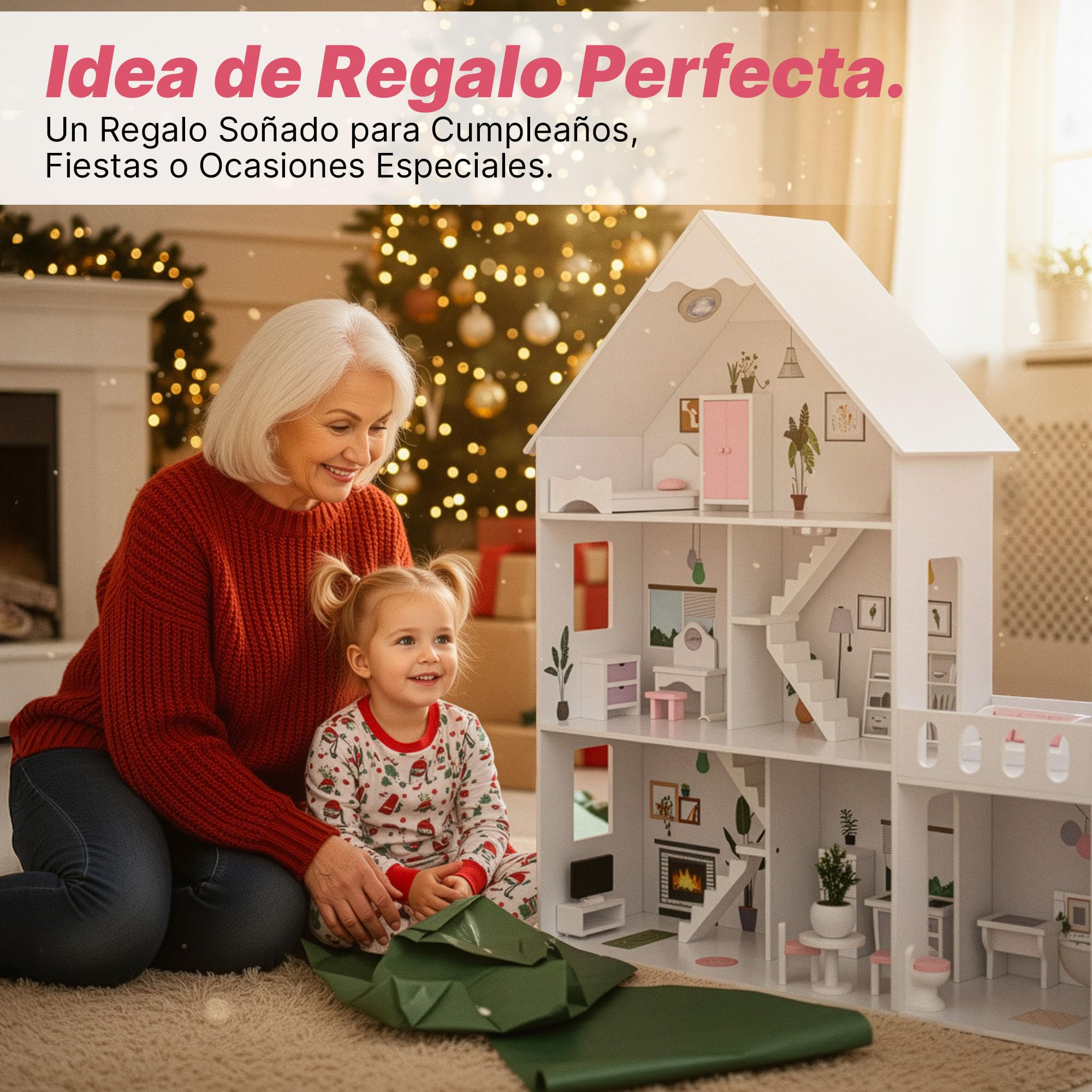 Barbie Casa de muñecas de madera grande 118 cm – Kinderplay 3 pisos casa de muñecas para niños con muebles, luz LED, pegatinas y accesorios – Casa de juegos de madera moderna regalo a partir de 3 años