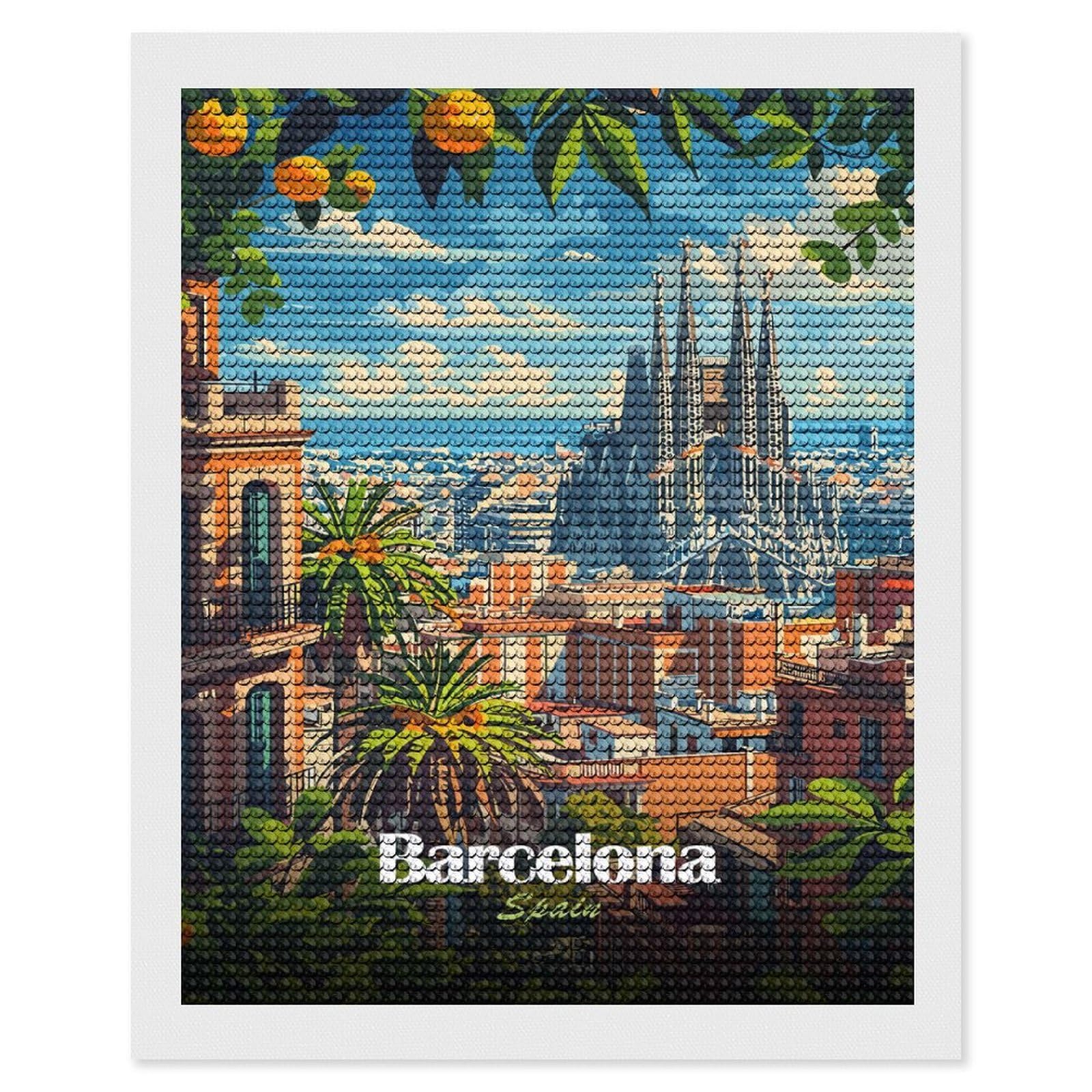 Junmoney Barcelona Spain Cityscape Diamond Painting Kit 16"x20", Adhesive Canvas, Home Wall Decor, for Beginners, Birthday Gift, Full Kit Included