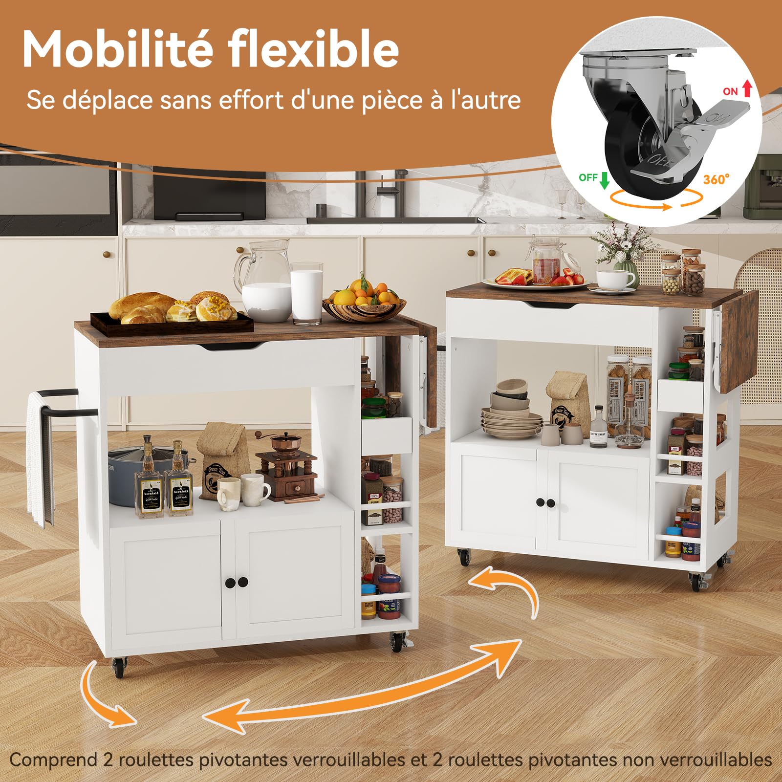 YU YUSING Desserte Cuisine à roulettes avec Plan de Travail Extensible 104x40cm, 4 Étagères, 2 Tiroirs, 1 Porte, Îlot Central Cuisine Mobile, Meuble Micro-Ondes, Blanc/Marron