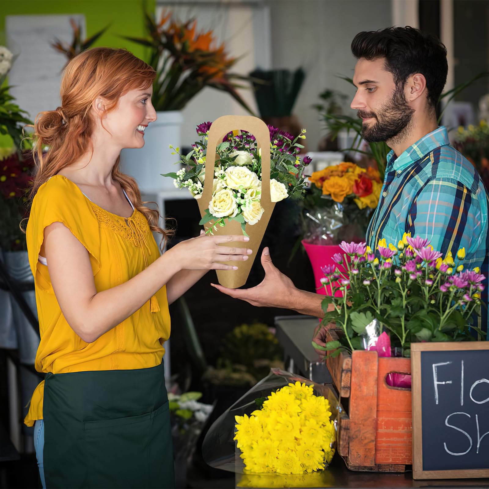 Lot de 100 Sacs pour Bouquets en Papier Kraft avec Poignées, 35x19x7,5cm | Sacs d’Emballage Fleurs pour Fleuristes, Cadeaux, Compositions Florales, Mariages, Saint-Valentin et Fête des Mères