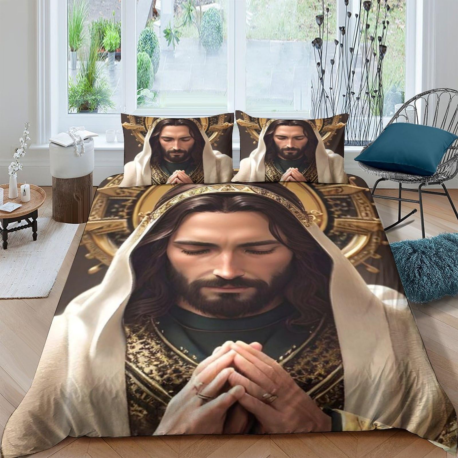 Ctjqhvkz Style-1 3D Printed Sacred Portrait Fitted Sheet Microfiber Soft Washable Religious Icon Mattress Cover Bedroom Decor Single（135X200cm）