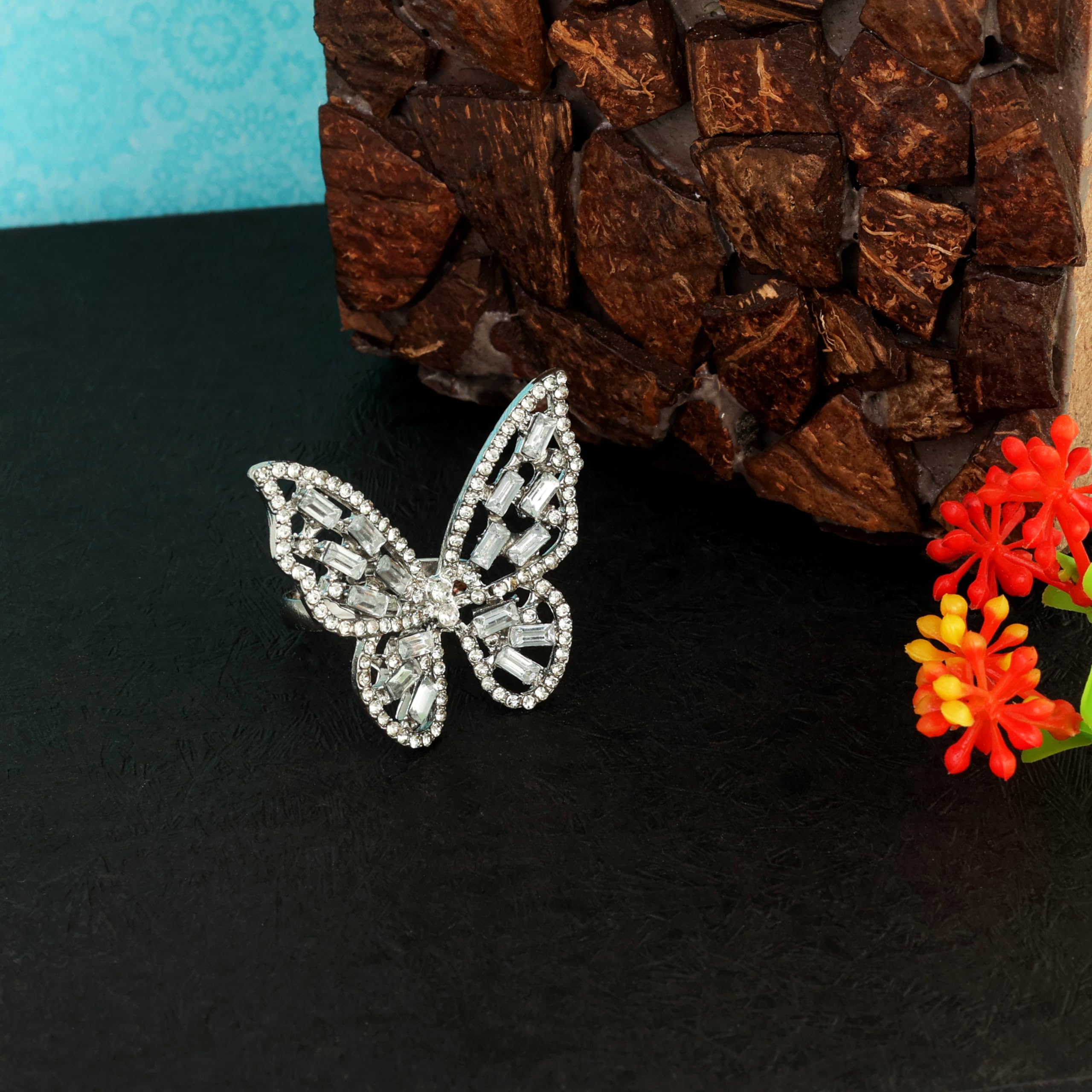 Fashion Frill Women's Jewellery Butterfly Ring - Stainless Steel Silver AD Studded Adjustable Ring for Girls - Romantic Gift for Wife Girlfriend Promise 2