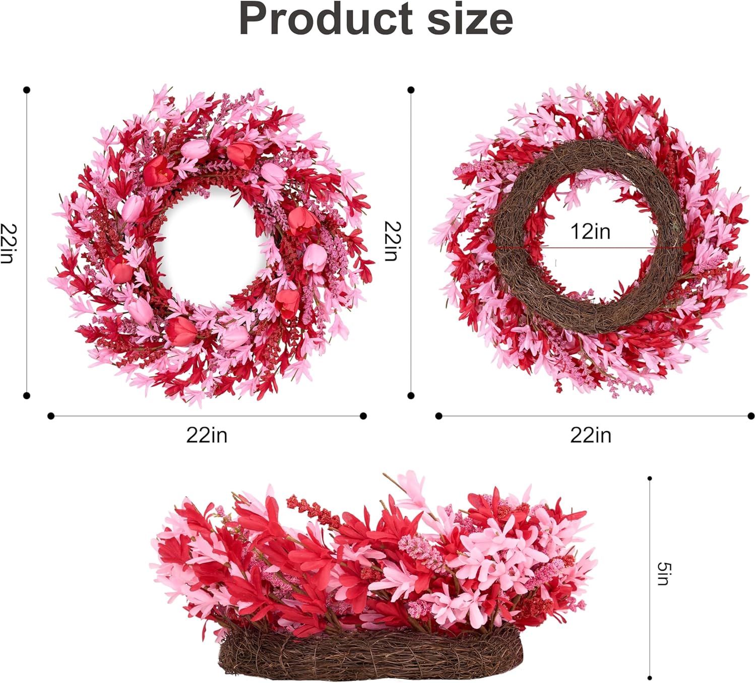 Valentines Day Decorations 22 Inch Valentine's Day Wreath Pink Flower Wreaths for Front Door with Red Tulip Pink Forsythia Flowers for Valentine Wedding Anniversary and Holiday Decorations - Image 7