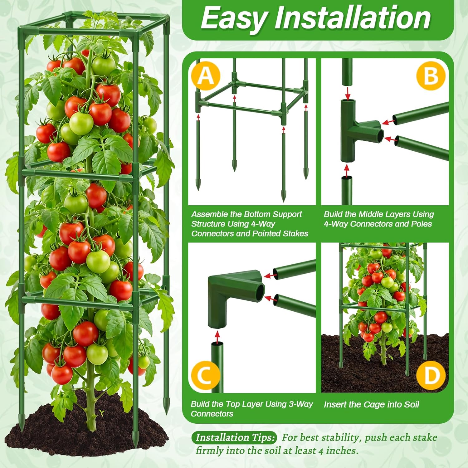 4 Pack Square Tomato Cages for Garden, 45 Inch Adjustable Tomato Stakes, Metal Tomato Trellis, Garden Plant Support for Potted Climbing Plants, Vegetables Flowers Fruits, Raised Garden Bed
