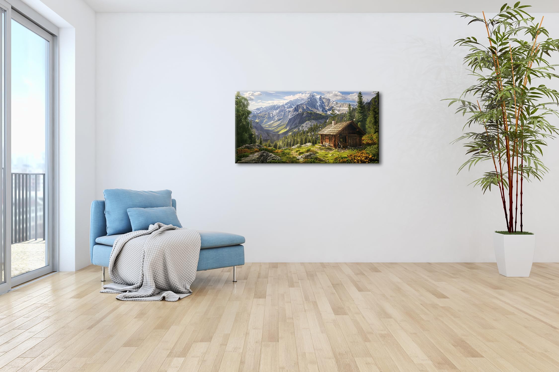 Berghütte mit Panorama, umgeben von majestätischen Bergen Panorama 120x60cm XXL Kunstdruck Motiv auf Holzrahmen/Leinwandbild/Wandbild/Wohnzimmer Dekoration