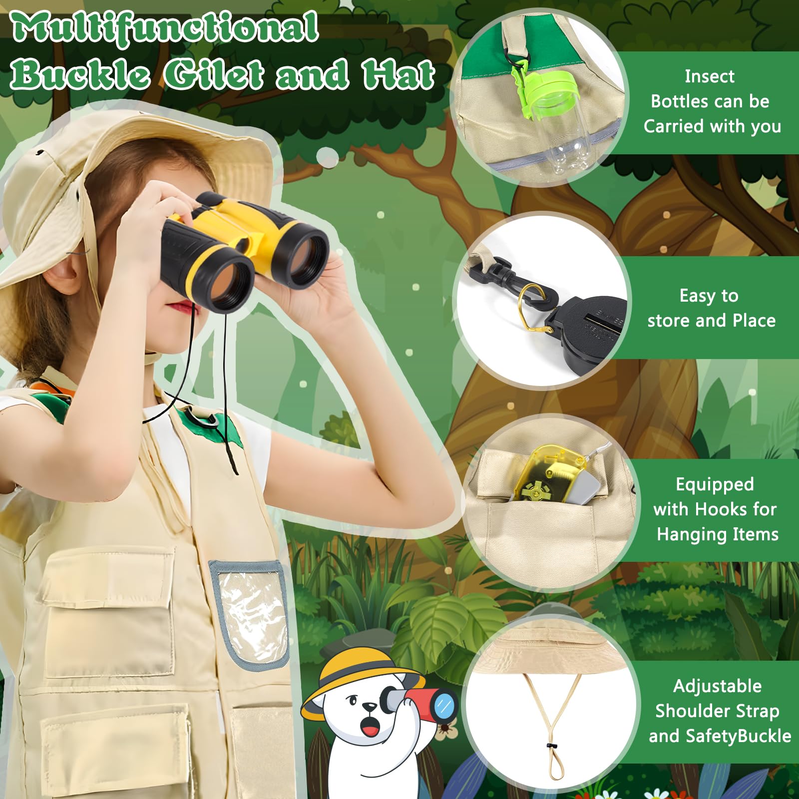 MOYKSRR Set di Giocattoli da Esploratore Esterno, Set Explorer Outdoor Giocattoli, Set di Esplorazione per Bambini con Gilet, Cappello, Binocolo, Bussola per Avventura Campeggio Escursionismo