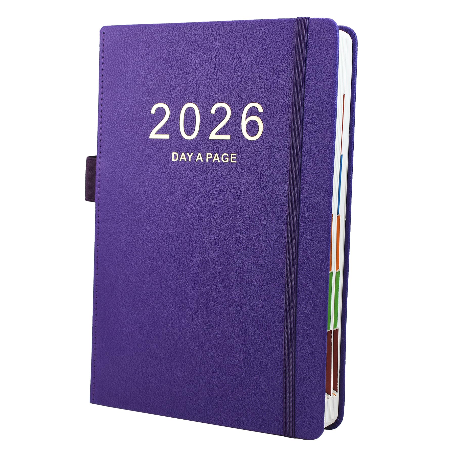 2026 Diary A5 Day Per Page, Diary 2026 From Jan to Dec, Productivity A5 Daily Planner, Full Year Daily Planner with Colorful Monthly Tabs, Fine Inner Pocket, 5.9" × 8.5"（Purple）