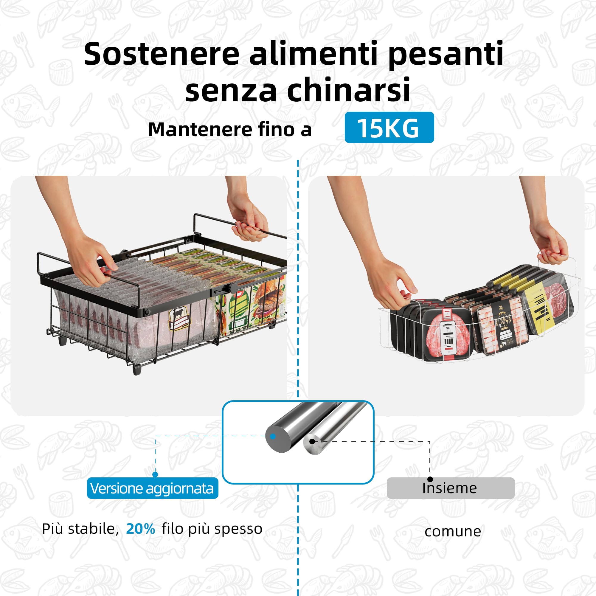 2 Pezzi organizer per congelatore,organizzare freezer pozzetto,cesto per congelatore,cesti metallo,Impilabile，Lunghezza regolabile 29-46CM，Nero