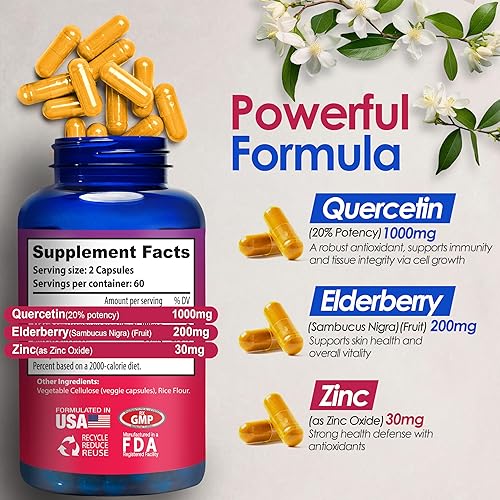 Miniatura 2 de Suplemento de apoyo inmunológico de baya de saúco y quercetina de zinc, promueve una piel saludable y la salud general, refuerzo del sistema