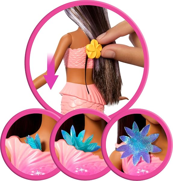 Barbie Poupée Sirène Fleur Magique avec éclosion de Fleurs Surprise, queues en dégradé de Couleurs, Serre-tête perlé et Longs Cheveux Bruns avec mèches Violettes, JDM73 - 3
