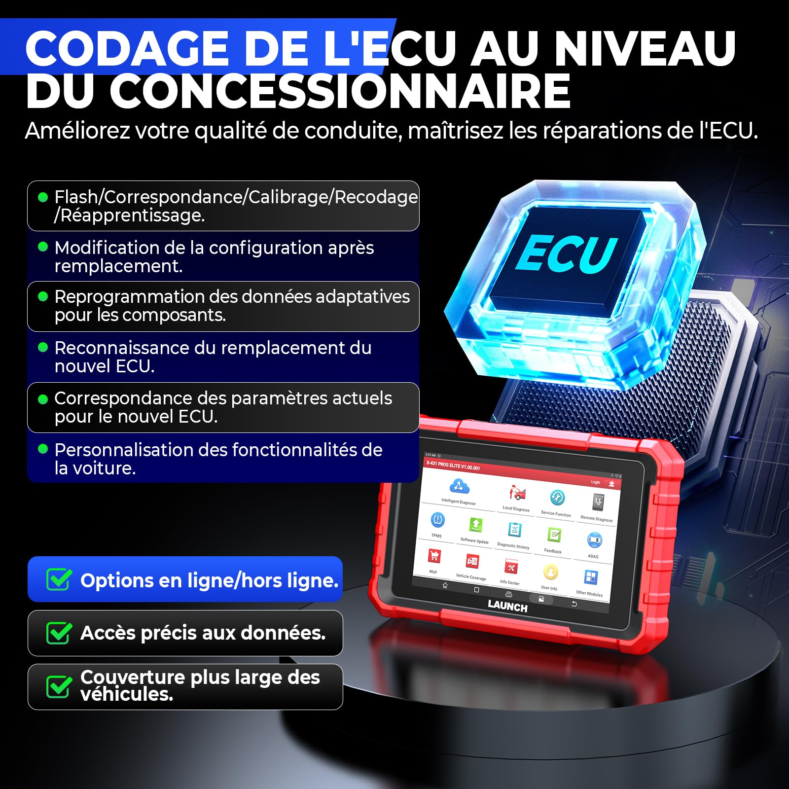 LAUNCH X431 Pros Elite Valise Diagnostic Auto, Bi-directionnel, Codage en Ligne de l'ECU, Diagnostic Complet du Système, 45+ Services de Réinitialisation, CANFD DOIP, FCA, Mise à Jour de 2 Ans