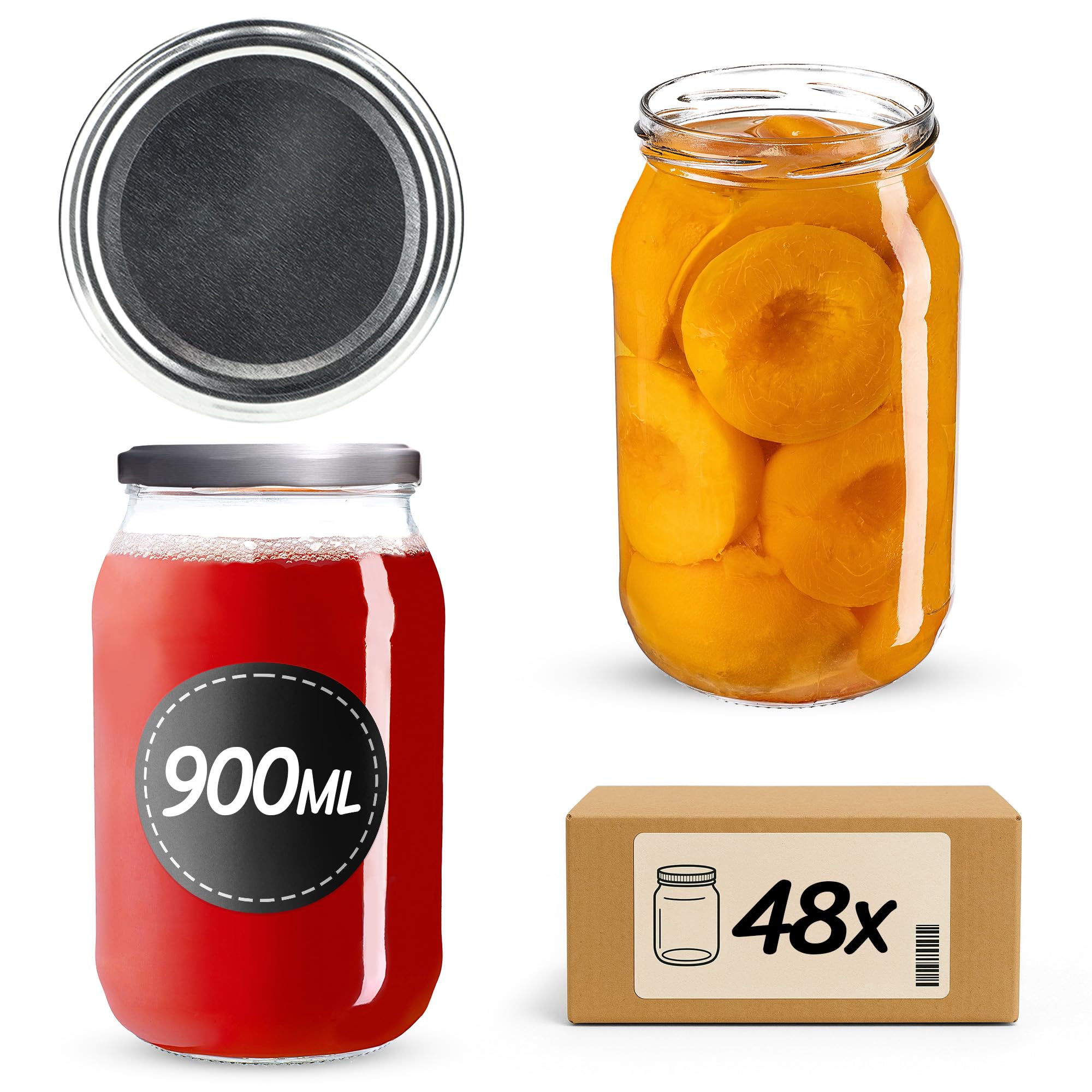 KADAX Tarros de conservas de 900 ml con tapa de rosca fi82 mm, tarros grandes con tapa Twist Off, tarros para conservas de pepinos, tarros para conservas (plata, 48 unidades)