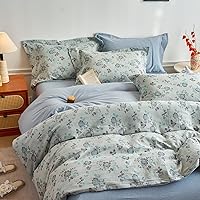 Vista 24 de 3 piezas de juego de funda de edredón tamaño individual XL, funda de edredón blanca con estampado floral azul, ropa de cama coquette de algodón