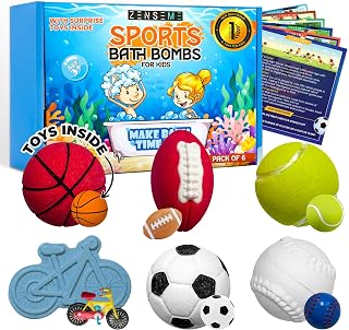 Bath Bombs with Toys Inside W/Educational Flash Cards - Bath Bombs for Kids - 2.5 oz Gift Set of 6 Scented Organic Handmade with Natural Essential Oils - Sports Surprise Inside by Zenseme
