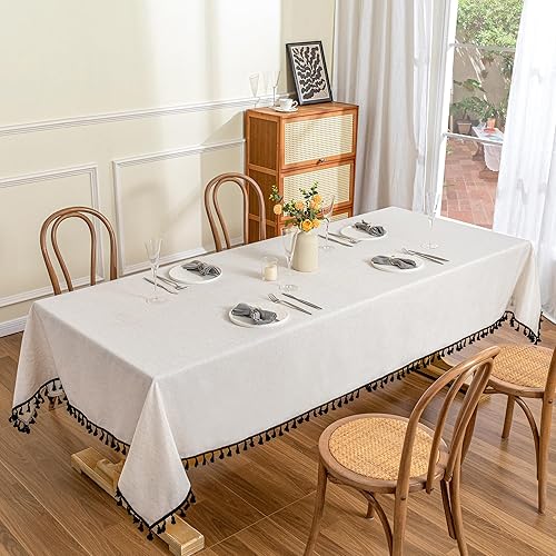 Miniatura 2 de MYSKY HOME Mantel rectangular de 60 x 102 pulgadas, mantel impermeable con borlas de algodón y aspecto de lino, mantel de granja, sin arrugas, con