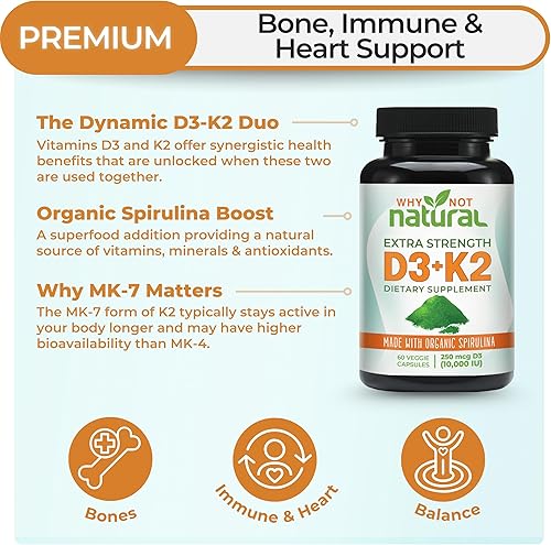 Miniatura 2 de Why Not Natural Vitamina D3 K2 (MK-7) con espirulina orgánica, suplemento extra fuerte de 10000 UI en cápsulas vegetales, apoya la salud ósea, el