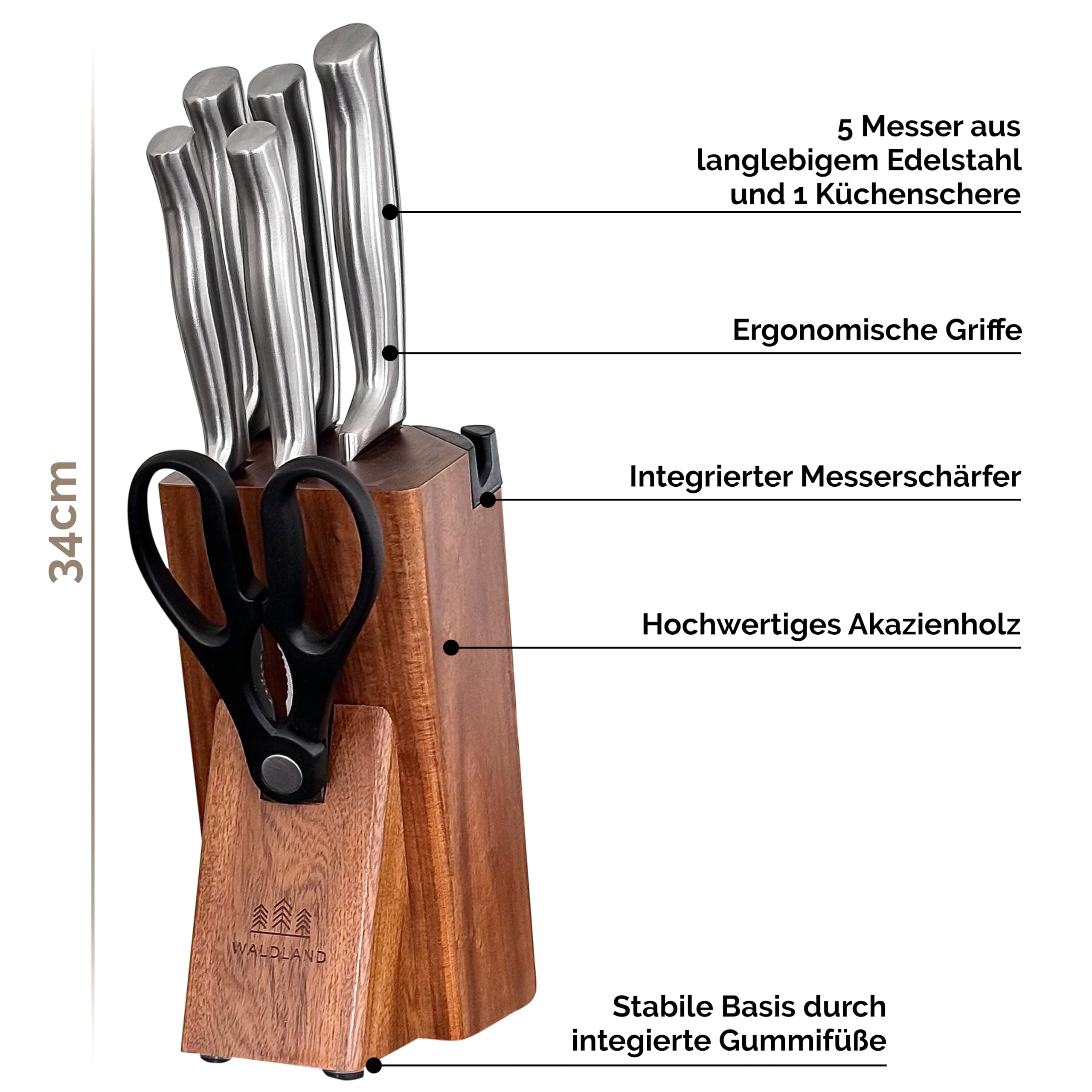 WALDLAND Premium Messerblock mit Messer – 7 teiliges Messerset I Messerblock mit Küchenmesser Set und integriertem Messerschärfer I robustes Akazienholz I Messer Set I Knife Set (Akazienholz)
