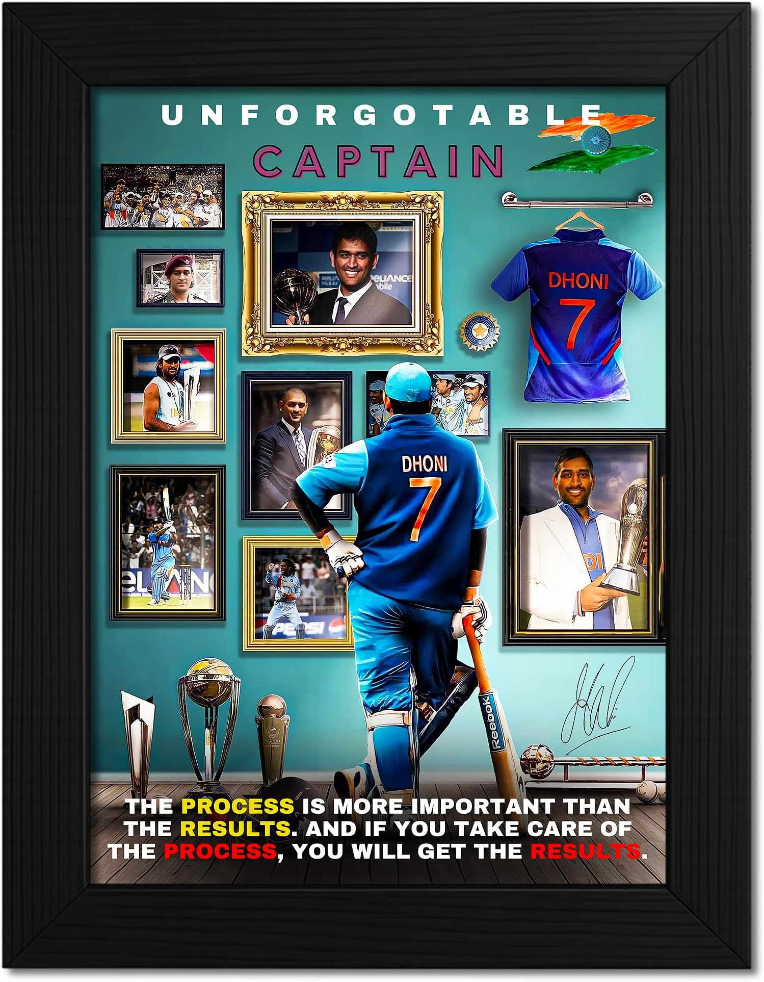DmcreativityCraft Motivational Poster Vector Art Wall Frames Ms Dhoni Posters Framed Art with 1 inch Matt Finish Black Frame for Study Room, Office or Desk Decoration (9.5 x 12.5 inches)