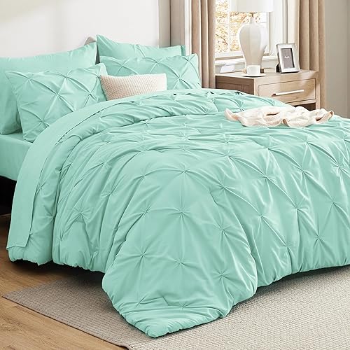 Bedsure - Juego de ropa de cama tamaño king de 7 piezas, con pliegues, juego de cama en una bolsa en color verde menta con edredón, sábanas, fundas