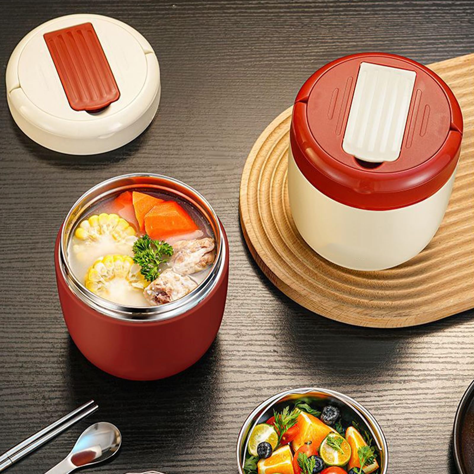 Vnook Isolierter Lebensmittelbehälter, Warmhaltebehälter, Lunchbehälter, 304 Edelstahl, mit Faltbaren Löffel und Thermotasche, für Speißen, Suppe, Brei, Joghurt(Red,1.2L)