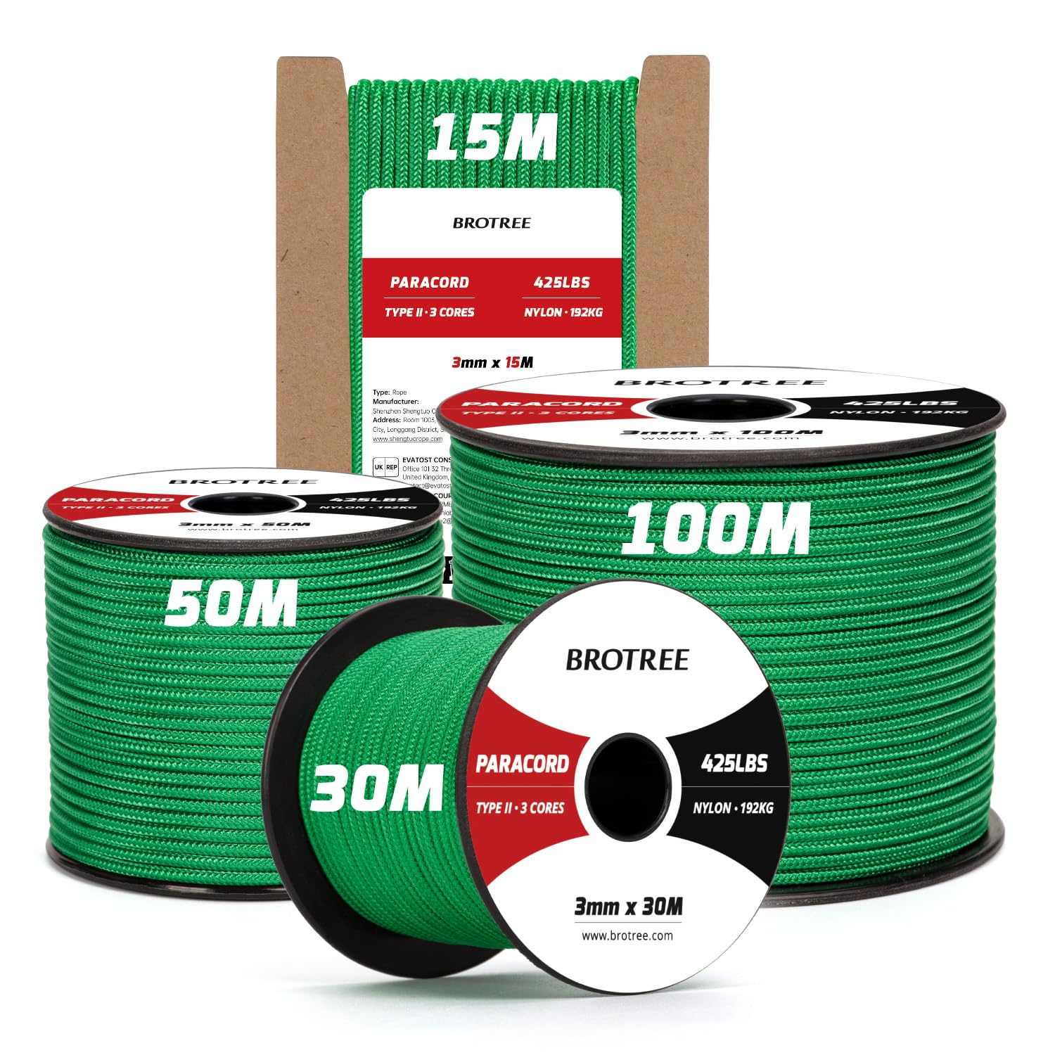 Brotree 3mm Paracord 425 100% Nylon 100M Rope 3 Strands Type II Parachute Cord for Outdoor, Craft, DIY - 192kg Breaking Load (Jade Green)