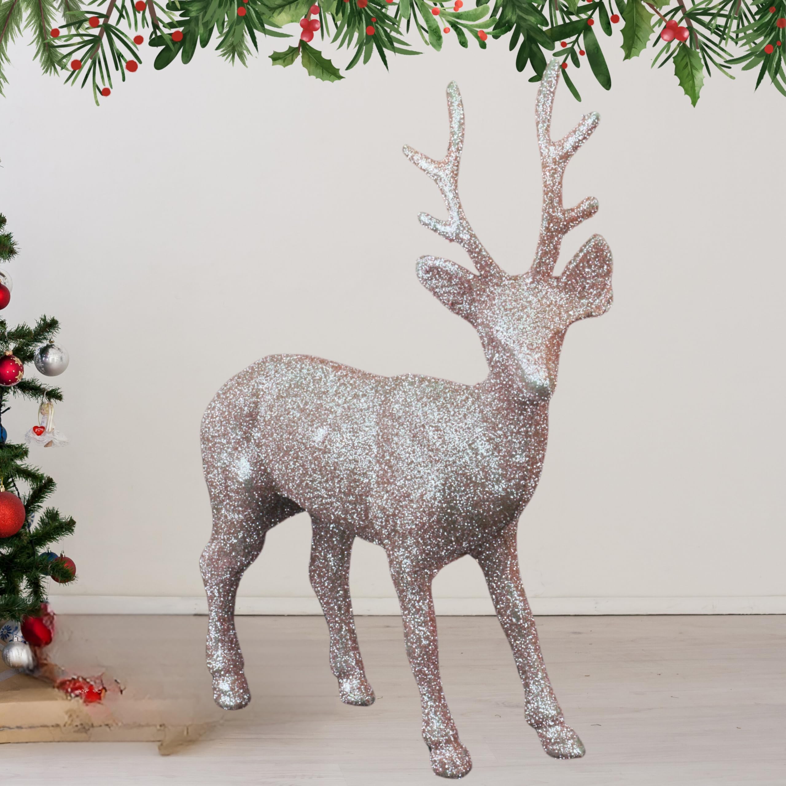 Srv Hub Rose Gold Exquisite Glitter Reindeer Figurines – Stunning Christmas Decorations For Table Centerpieces, Standing Stag Ornaments For Festive Home Decor, Gift Bags Size-17Cm