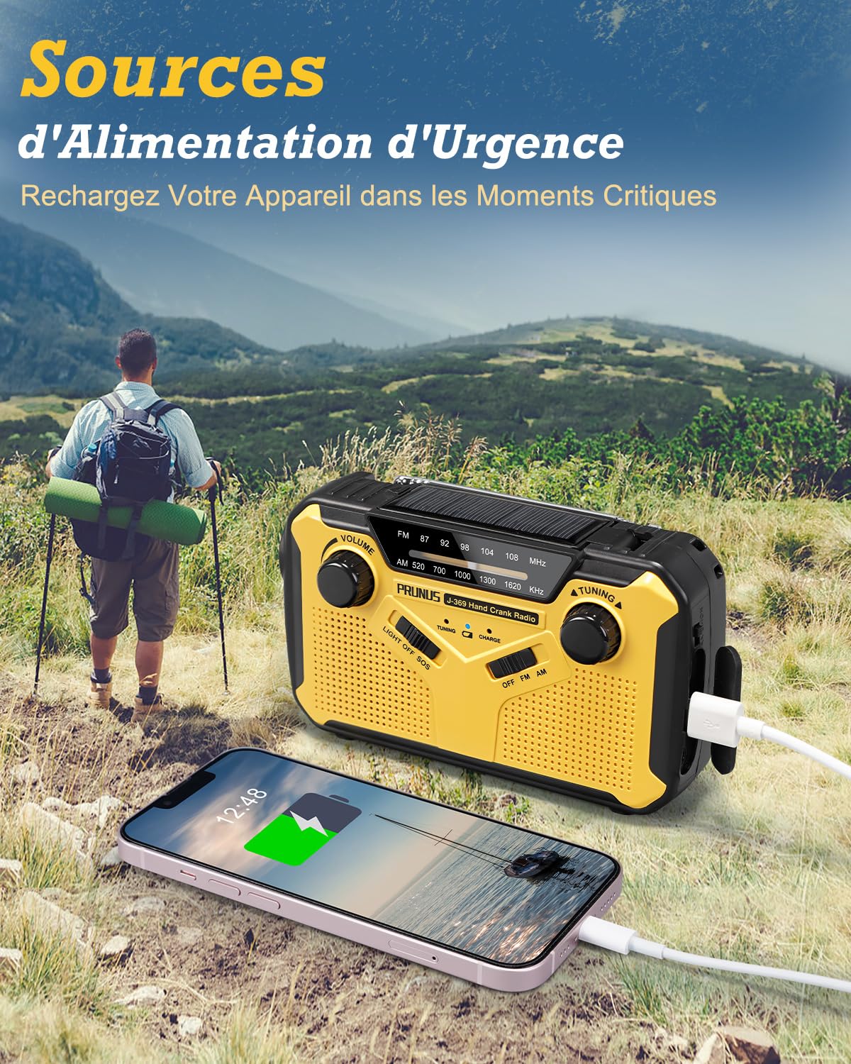 Portable Radio Dynamo Survie, PRUNUS J-369 AM/FM Radio à Pile avec 3000mAh Power Bank/SOS Alarm/Lampe Poch/Panneau Solaire, Haut-parleurs, Ourdoor, Emergency (Jaune)