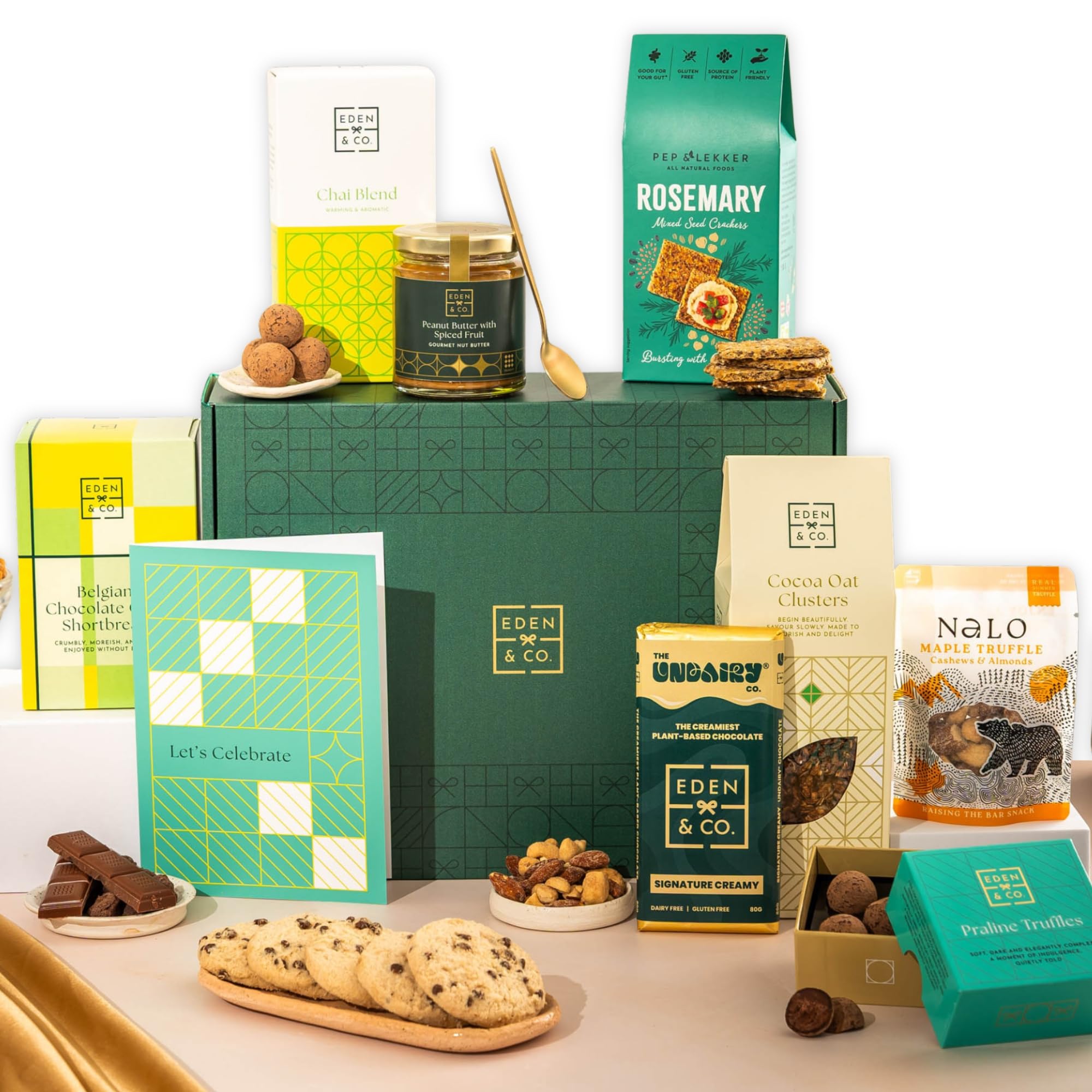 Celebration Vegan Gift Hamper Basket, Luxury Gourmet Gifts for Women, Men, Couples, with Vegan Chocolate by EDEN & CO