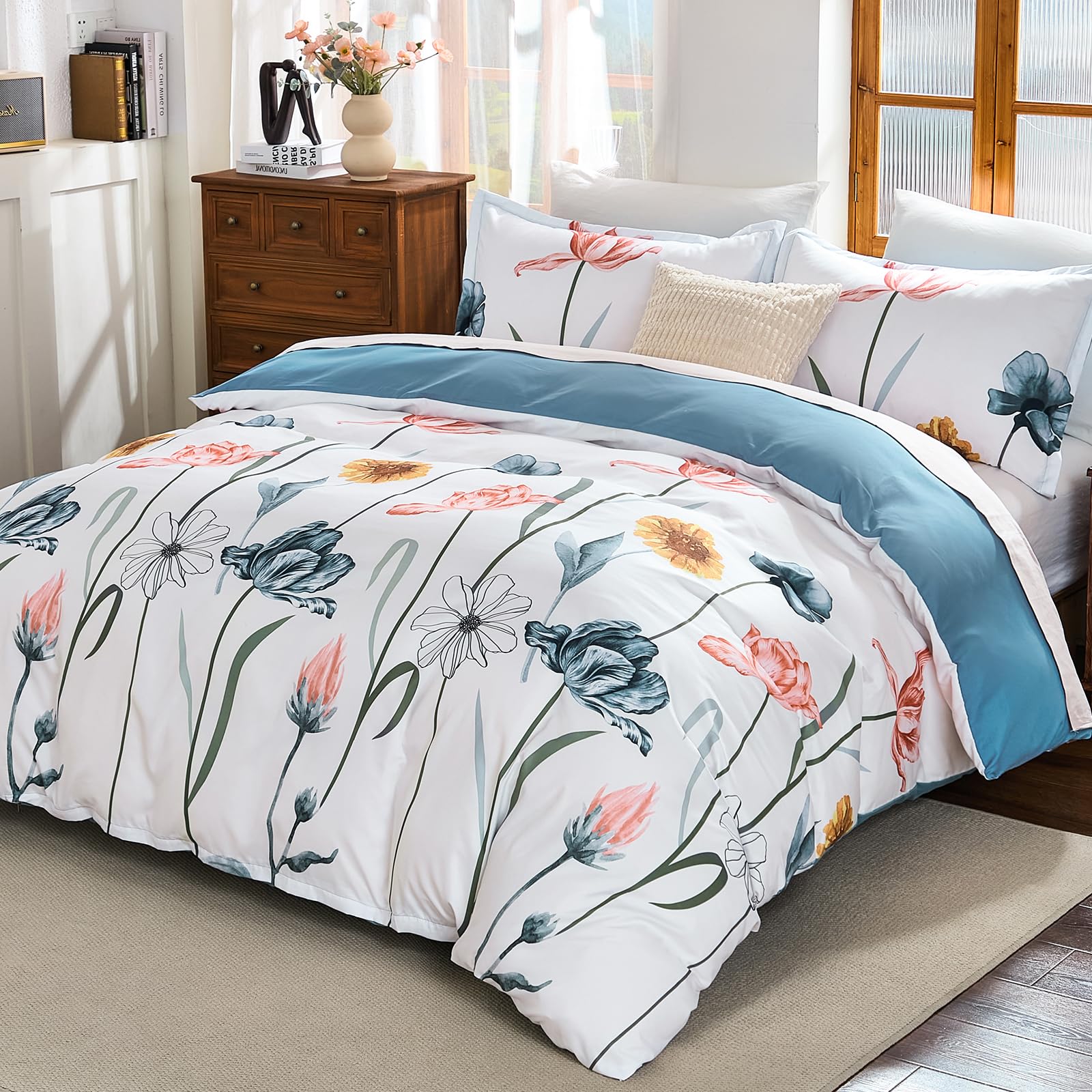 WONGS BEDDING Double Bedding Set Floral Double Duvet Cover Ultrasoft Luxury Quilt Cover with Zipper Closure, 200x200 cm, Blue