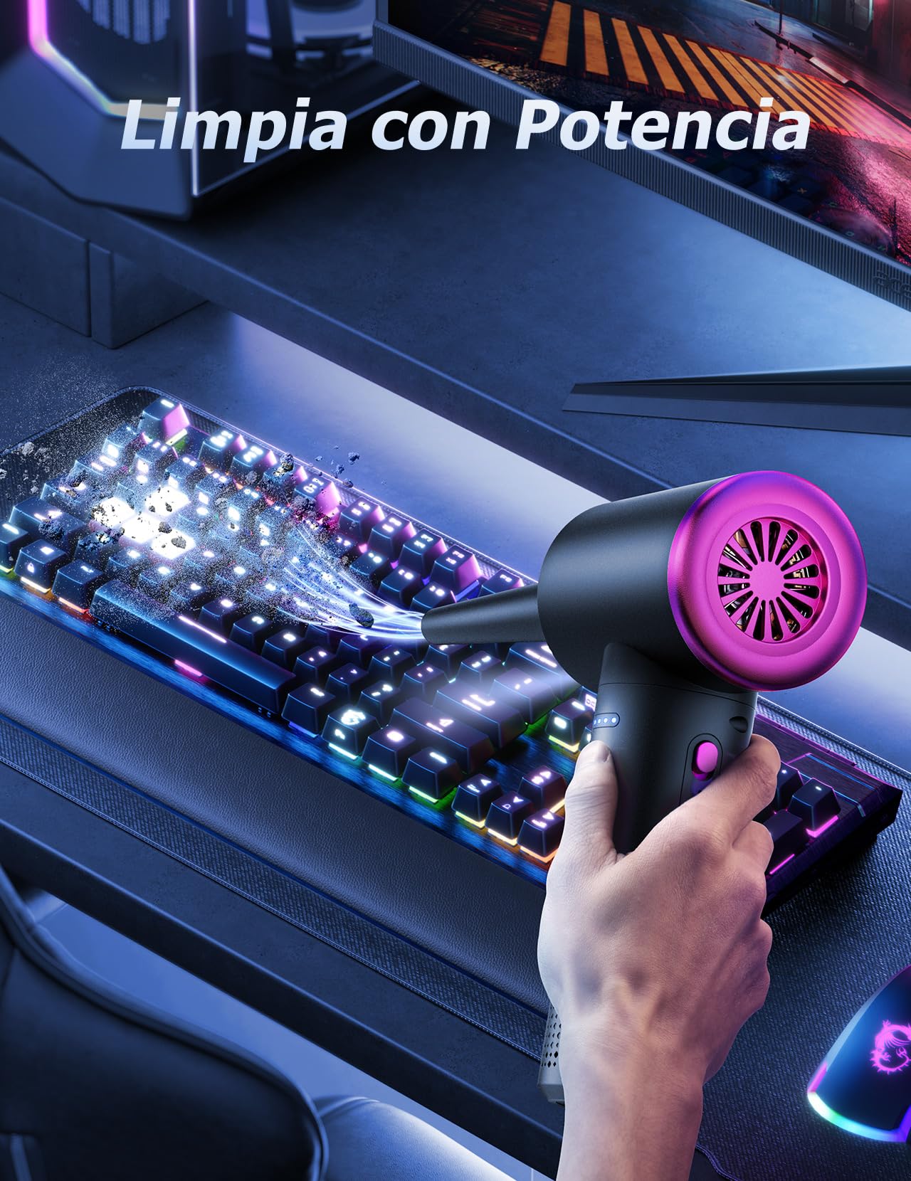 Soplador de Polvo de Eléctrico Aire Comprimido Eléctrico - 100000 RPM Limpieza de PC por Pulverización de Aire Comprimido con Batería de 9000mAh, Limpieza de Teclado de Aspiradora de 3 Velocidades