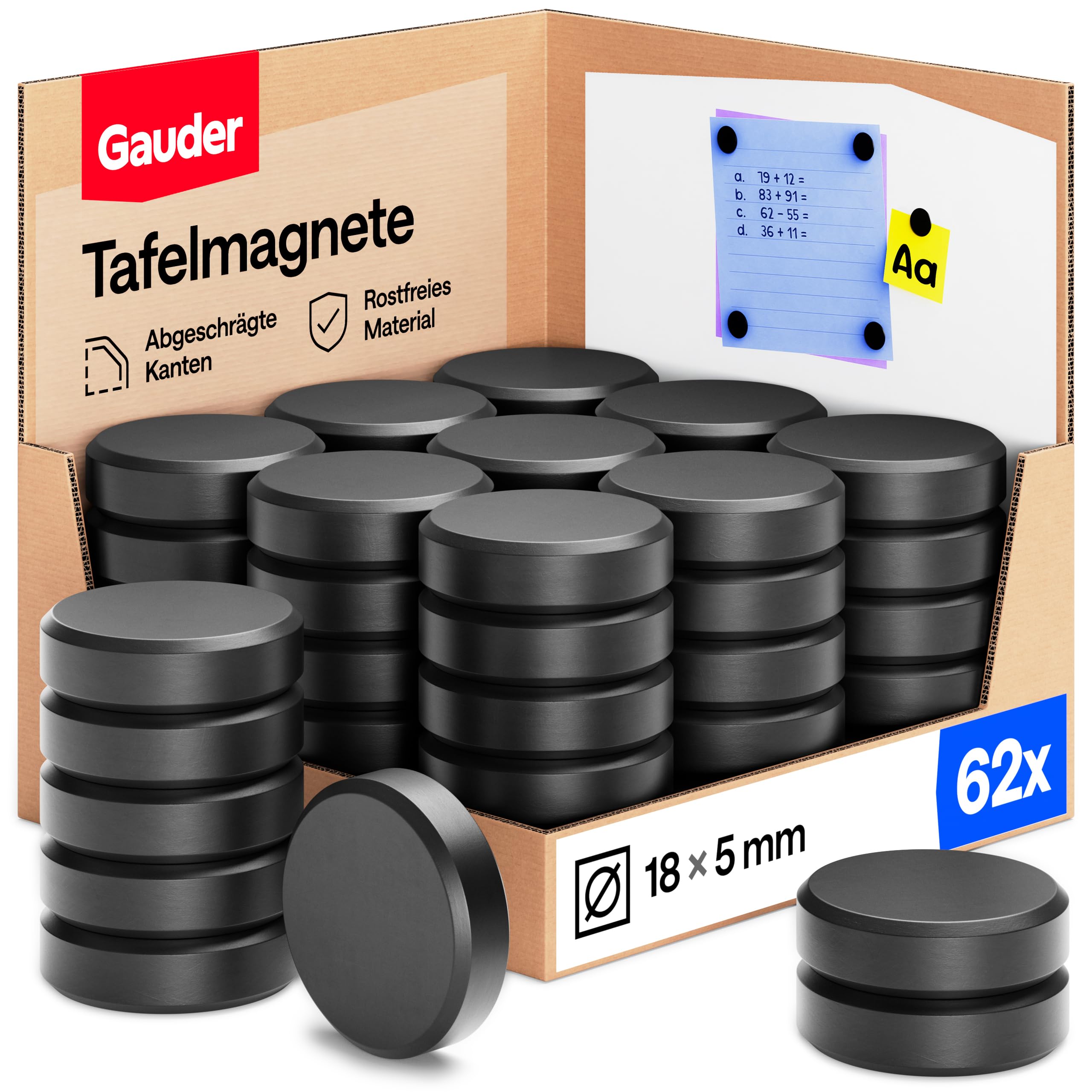 GAUDER Magnete für Magnettafel - Starke Tafelmagnete für Whiteboard, Pinnwand, Kühlschrank & Büro - Runde, Schwarze Kühlschrankmagnete mit hoher Haftkraft (62 Stück - 18 x 5 mm)