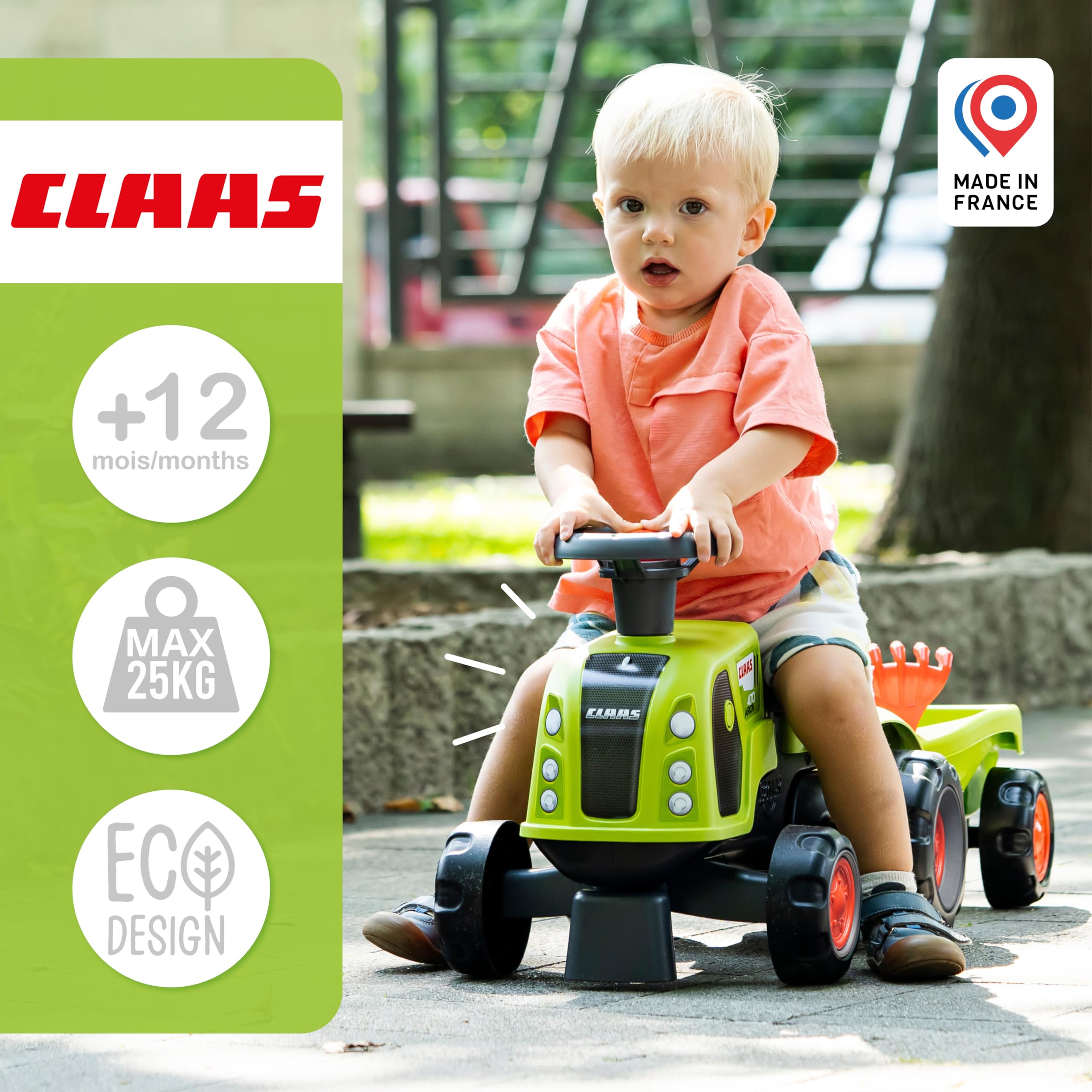 FALK Traktor Claas – Grün – leise Räder – Lenkrad mit Hupe – Anhänger mit Zubehör – 90% recycelter Kunststoff – 100 ab 12 Monaten – 312CS