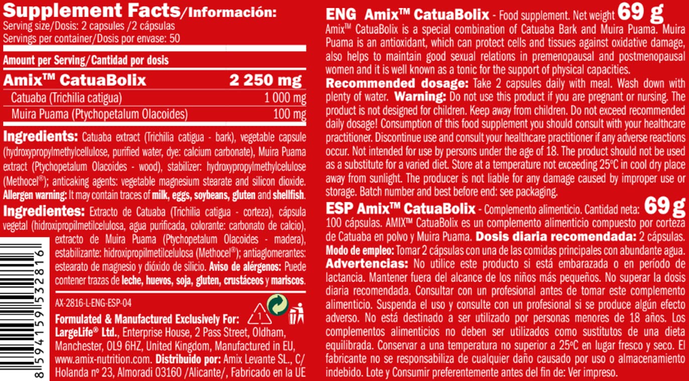 AMIX - Suplemento Deportivo Catuabolix en 100 Cápsulas - Ayuda al Incremento de la Testosterona - Contribuye a Aumentar la Fuerza y Masa Muscular - Suplemento Alimenticio