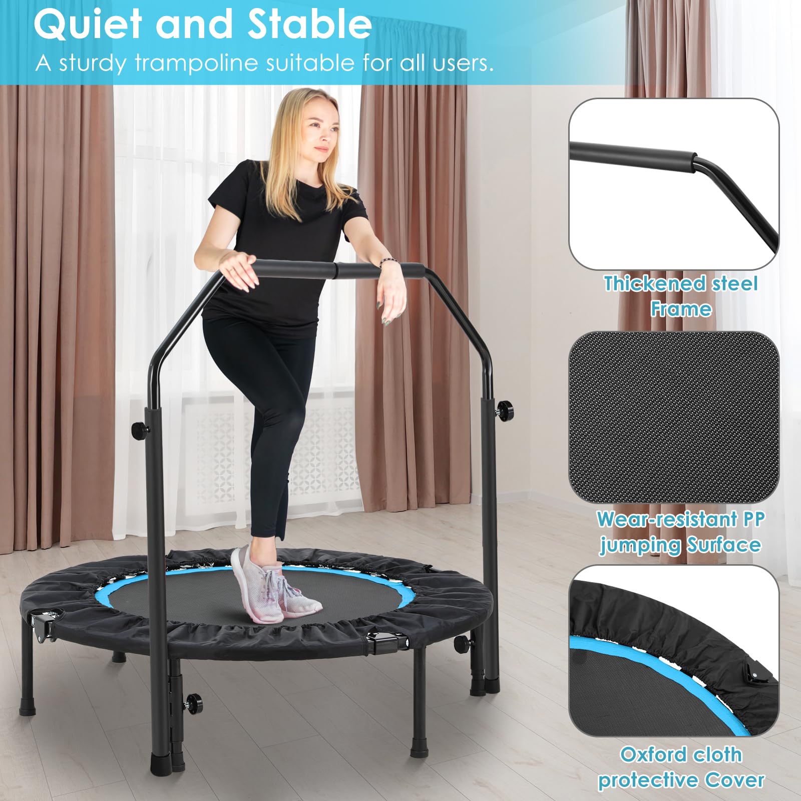 LIFERUN Trampolino elastico pieghevole per adulti e bambini, diametro 101 cm, capacità 150 kg, corrimano regolabile