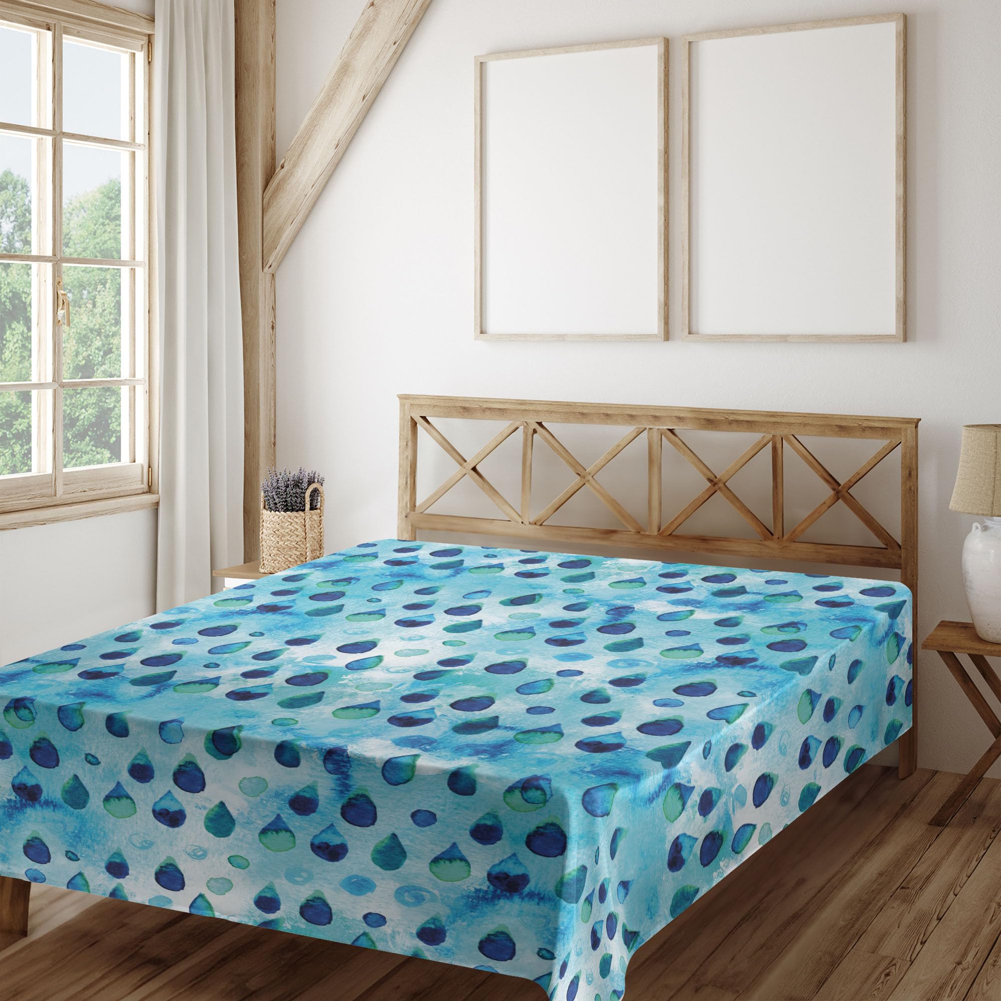 Ambesonne Navy and Teal Flat Sheet, Abstract Blue Watercolor Drops Aquarelle Art Rain Teardrop Quirky, Soft Comfortable Top Sheet Decorative Bedding 1 Piece, Queen Size, Turquoise Navy Blue
