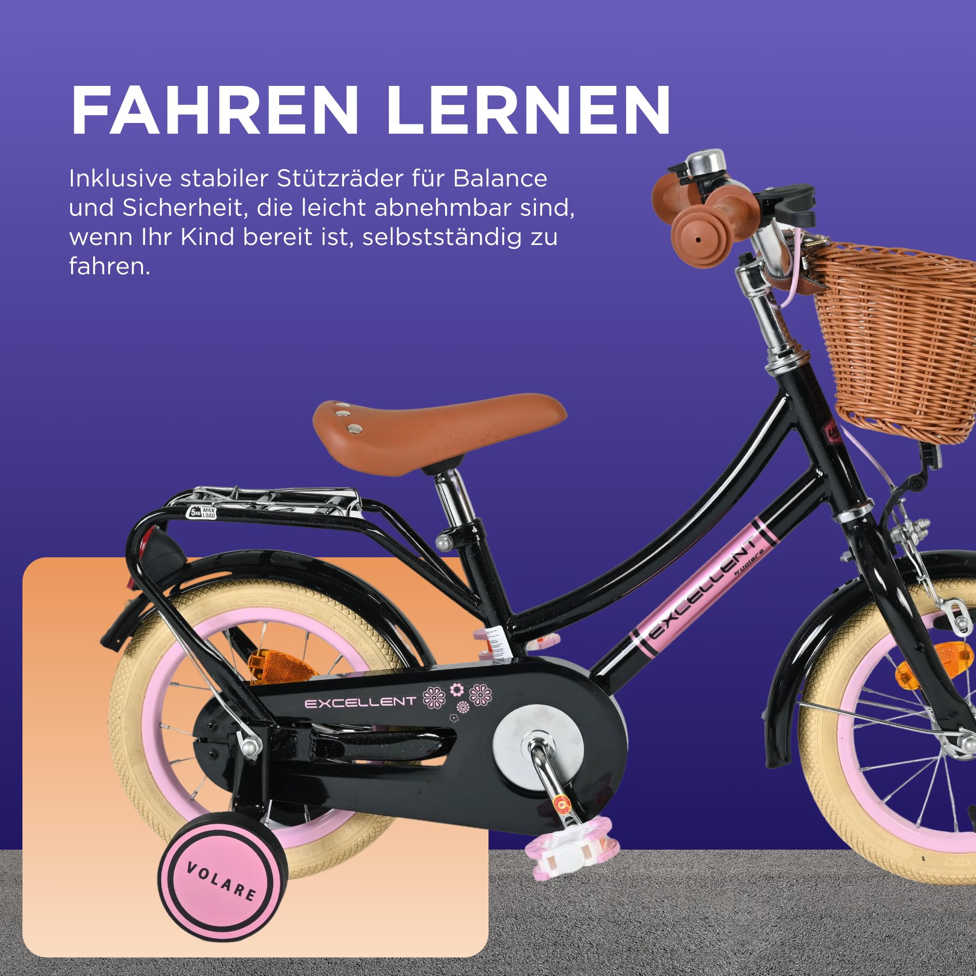 Volare Excellent Fahrrad | 3–5 Jahre | Hand- & Rücktrittbremse, Stützräder, Kettenschutz, Reflektoren & Korb | Höhenverstellbarer Sattel | Geschenk für Mädchen