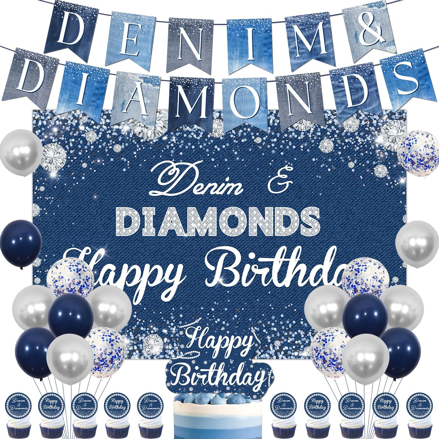 Denim and Diamonds Party Decorations, Denim Backdrop for Birthday Party, Banner, Cake Topper, Cupcake Toppers, Balloons, Denim Party Decorations, Women Men Birthday Party Supplies