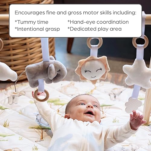 Miniatura 5 de Montessori - Gimnasio y tapete de madera para bebés, pino FSC de calidad reliquia, tapete lavable reversible, incluye juguetes colgantes, gimnasio