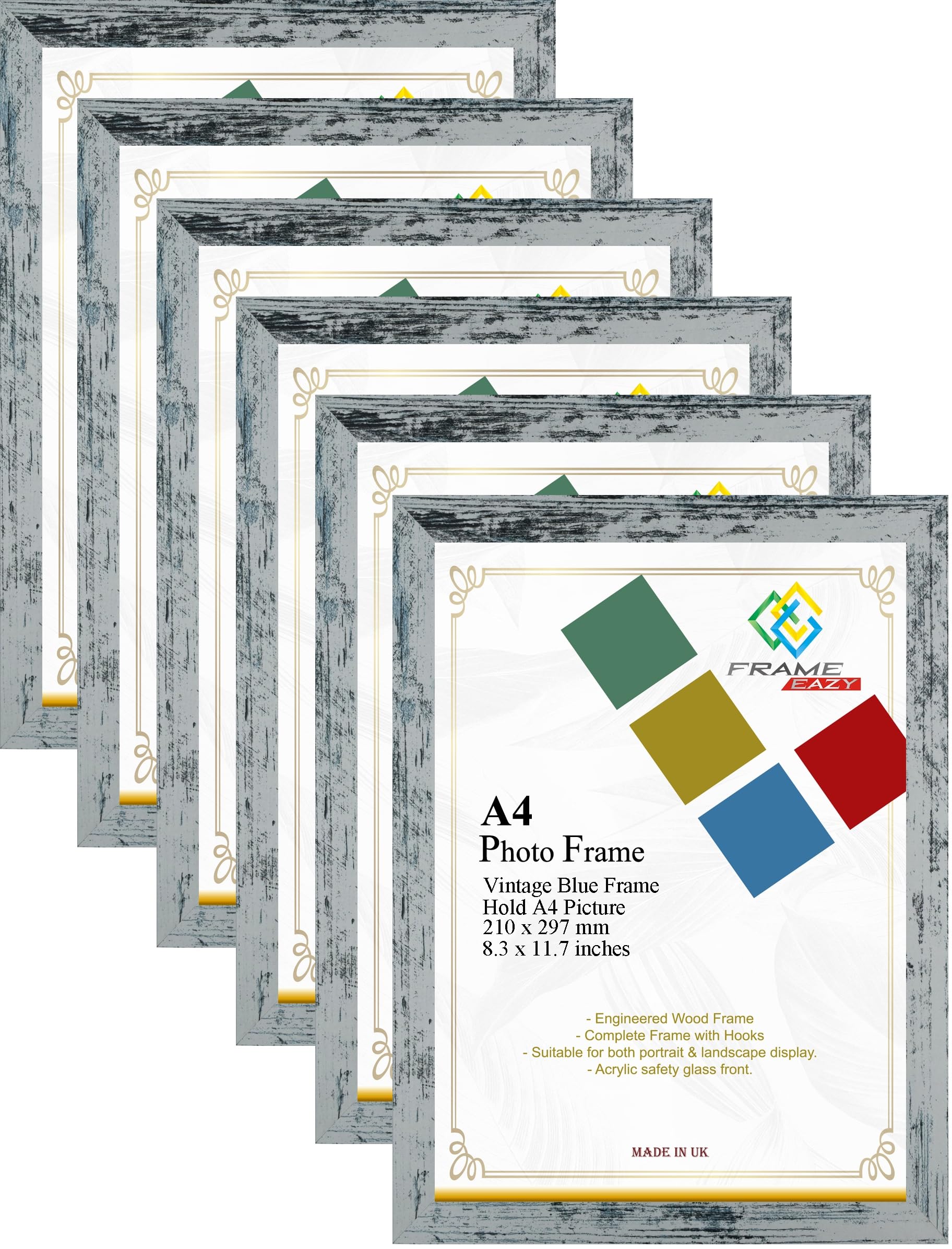 FRAME EAZY Vintage Blue Modern A4 Photo Frame Multipack of 6 in Size 29.7 x 21cm Picture Frames - A4 Certificate Frame - Vintage Blue Frame with Clear Perspex Sheet & Wall Mounted Hooks - Box of 6