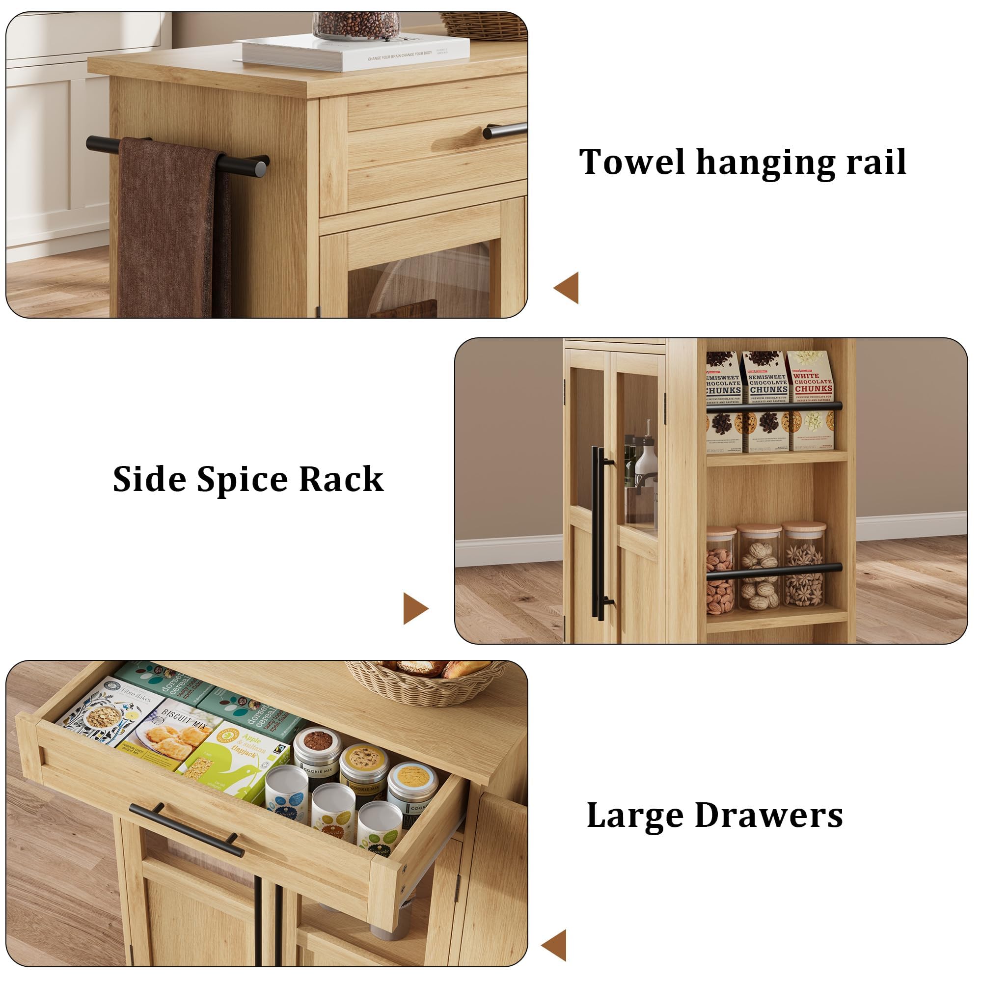 Îlot de Cuisine sur roulettes Style Farmhouse, Chariot de Rangement 60 cm - 2 Portes vitrées + 1 tiroir, étagères 3 Niveaux, Range-épices & Porte-Serviettes, Roues verrouillables - Bois
