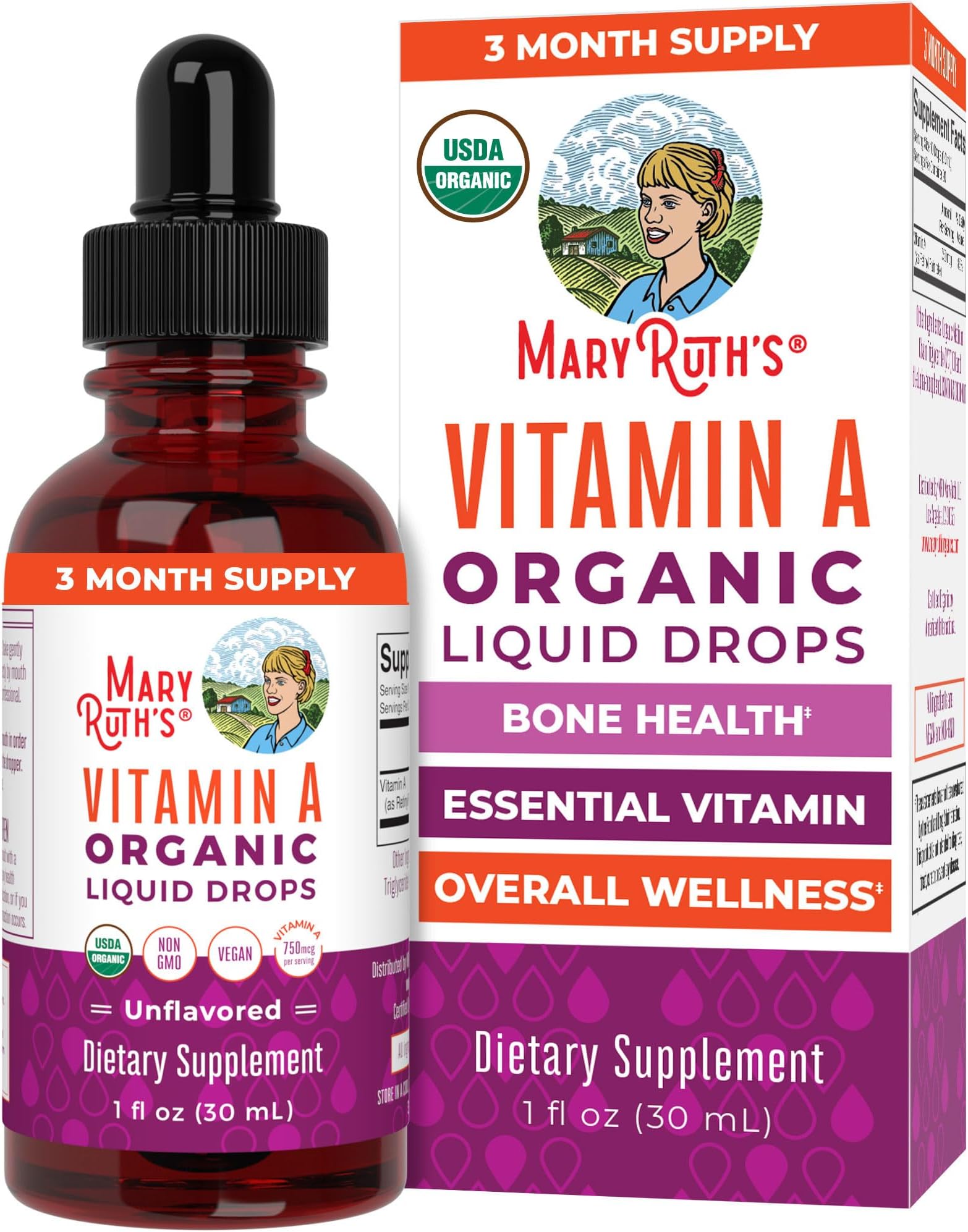 MARYRUTH'S Organics USDA Organic Vitamin A Liquid Drops | 3 Month Supply | Bone Health for Ages 14+ | Essential Vitamin | 750mcg per Serving | Sugar Free | Vegan | Non-GMO | Gluten Free | 1oz