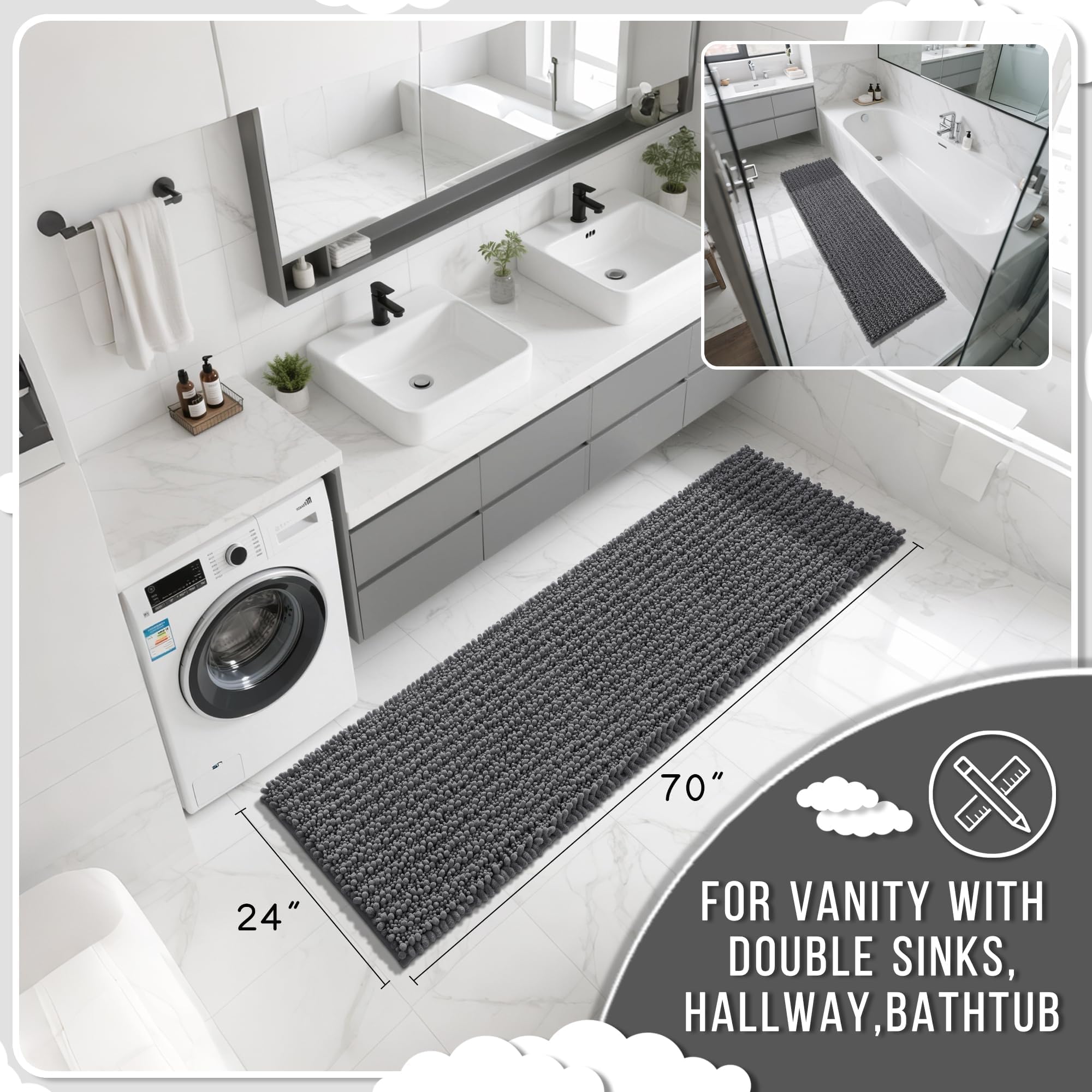 Yimobra Original Luxus Chenille Badezimmer Läufer Teppiche 178 x 61 cm Weiche Lange Große Badvorleger Super Saugfähig rutschfest Maschinenwaschbar Teppiche für Zuhause Kinderzimmer Bett Wohnzimmer
