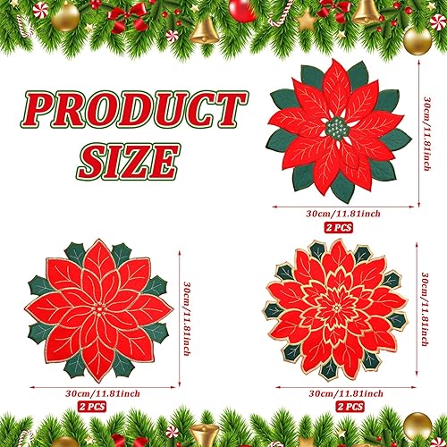 Miniatura 3 de 6 manteles individuales bordados de flor de pascua de Navidad de doble capa, manteles individuales bordados con flores rojas, apliques de flores de