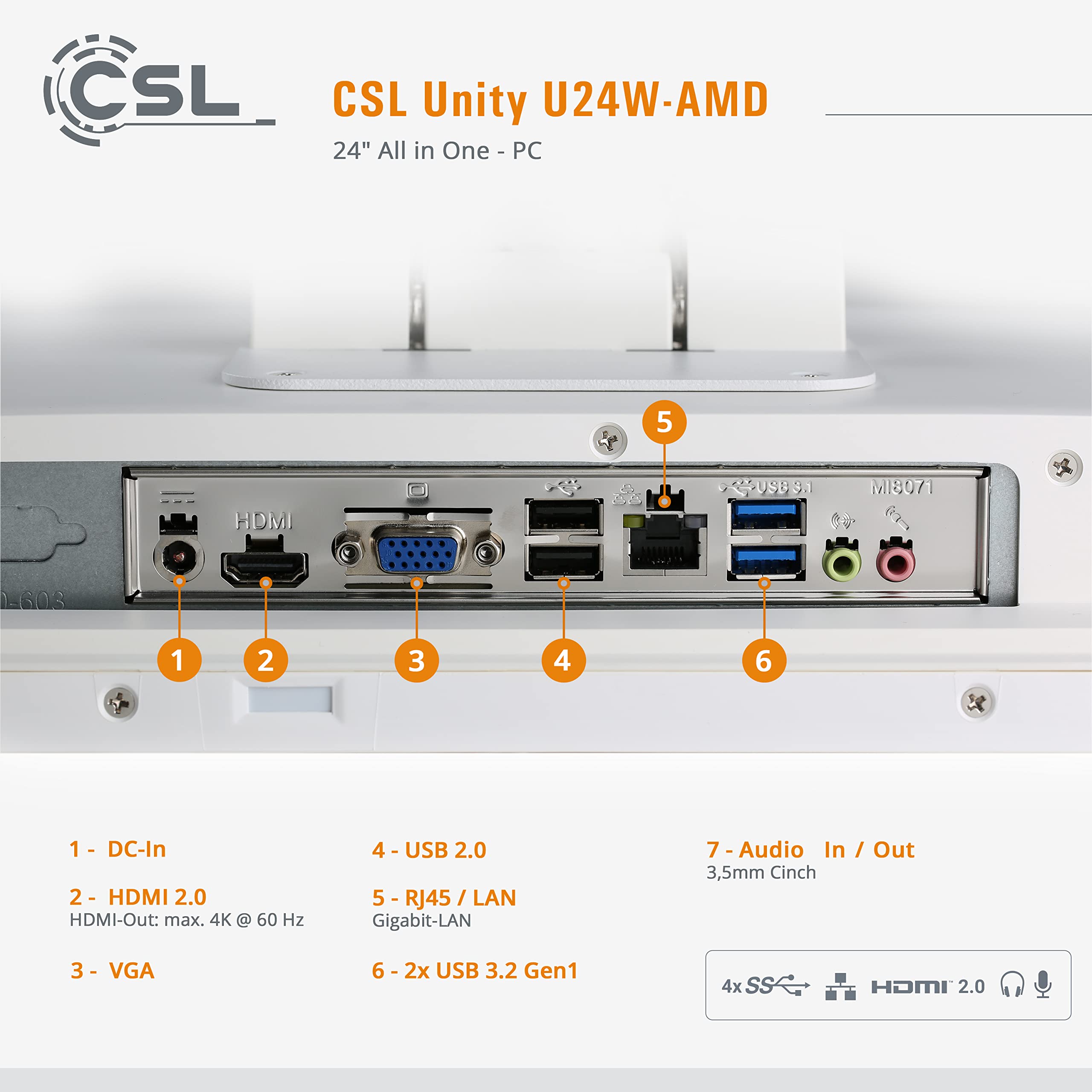PC Tout-en-Un CSL Unity U24W-AMD, 60,5 cm (23,8 Pouces, 1920x1080 Full HD) - AIO Puissant (AMD Ryzen 7 5700G CPU 8x3800 MHz, 2000 Go SSD, 32 Go DDR4-RAM, Windows 11 Pro), Blanc