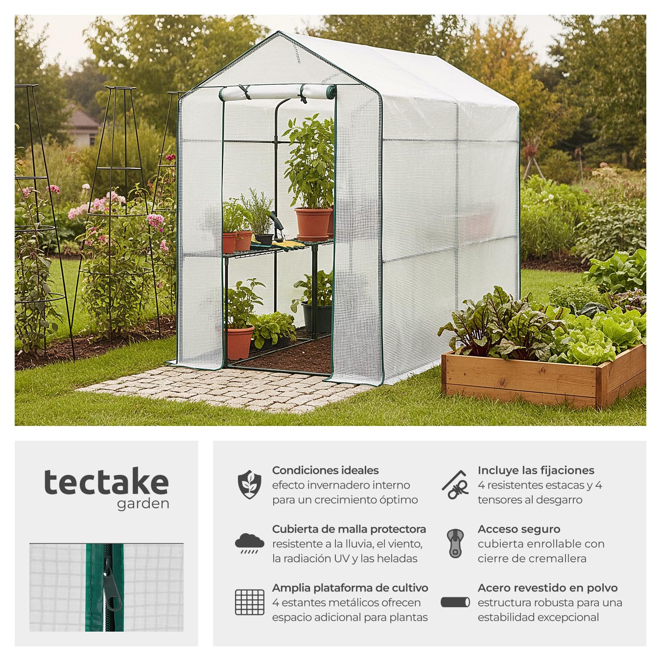 tectake® Invernadero Exterior con 4 Baldas Metálicas de Rejilla, Cubierta de PE contra UVA, Invernadero Terraza 186x120x190cm, Caseta Jardin Exterior con Cuerdas Tensoras y Piquetas, Fácil Montaje