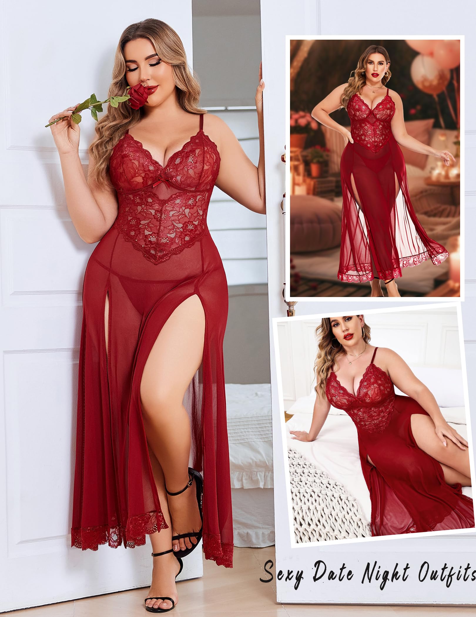 Avidlove Plus Size Lingerie for Women Sexy Lace Babydoll Long Lingerie Dress Side Split Nightgown: Burgundy 3X-Large