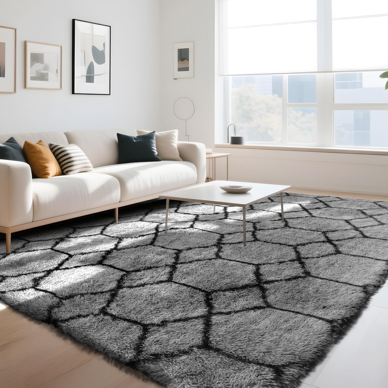 Untimaty Geometric Rugs Living Room - 200x300cm Extra Large Grey Rug, Ultra Soft Fluffy Shaggy Rug for living room, Washable Anti Slip Area Rug Carpet for bedroom Decor Kid Baby Room Dorm Lounge Decor