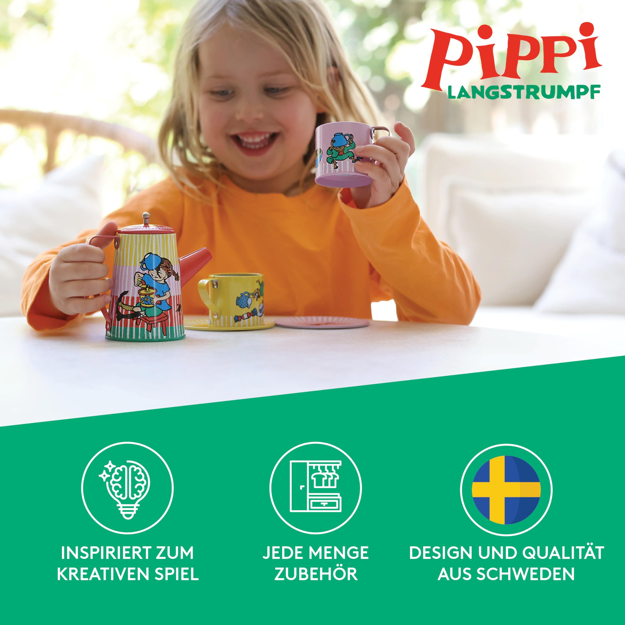 Pippi Kinderservice Spielzeug – Kaffee-Set für Kinder bestehend aus 10 Teilen – Rollenspiel Spielzeug – Offiziell Lizenziertes Pippi-Langstrumpf- Produkt – Perfekt für Kinder ab 3 Jahren