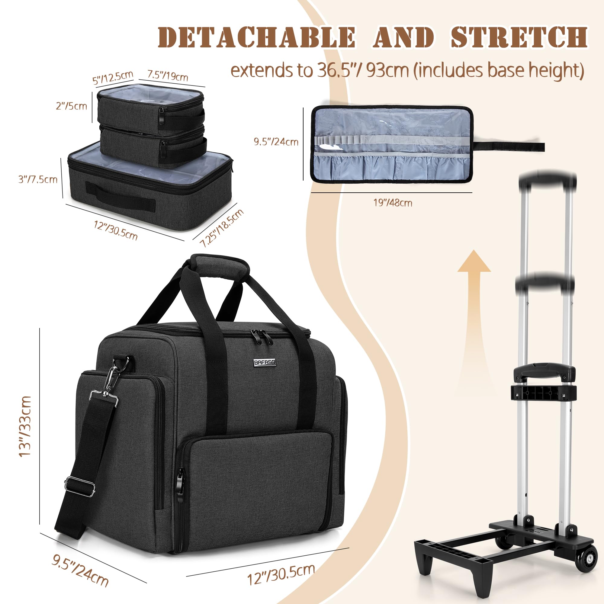 BAFASO Valigia Trolley Trucco con 3 Tasche Rimovibili e 1 Borsa per Pennelli per Trucco, Borsa per il Trucco da Viaggio con Carrello Staccabile, (In Attesa Di Brevetto), Nero