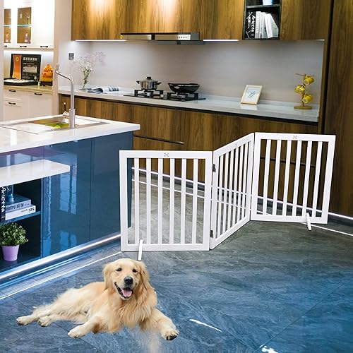 Miniatura 2 de Dog Gate - Puerta de madera independiente para mascotas, 3 paneles de 23.6 pulgadas de altura, cercas blancas para interiores, puerta de casa para